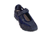 Trainer style walking shoe, adjustable strap across the top of the foot and around the back, mix of suede with fabric straps, open top of foot, moulded grippy sole