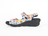 White and multicoloured adjustable strap sandal on black wedge mid-height heel - Ellie Dickins Shoes
