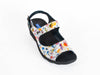 White and multicoloured adjustable strap sandal on black wedge mid-height heel - top view - Ellie Dickins Shoes