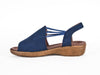 navy leather sandals with open toes, strappy sides and slickback heel strap, on flexible foam sole