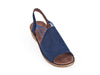 navy leather sandals with open toes, strappy sides and slickback heel strap, on flexible foam sole