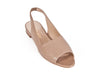 Taupe or deep beige soft leather slingback shoes with flat heel and peeptoe. top view. 