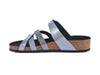 side view of Strappy silver sandals with a flat moulded footbed and adjustable strap