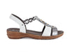 Silver and white leather sandals with a backstrap, narrow plaited elastic side and pretty bead detail on the top of the foot. 