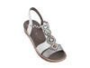 Silver and white leather sandals with a backstrap, narrow plaited elastic side and pretty bead detail on the top of the foot. 