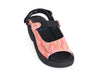 Ladies stripey red and orange textured leather sandals with thick black sole and backstrap.