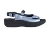 Metallic light blue ladies leather sandals with thick black sole and backstrap.