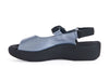 Metallic light blue ladies leather sandals with thick black sole and backstrap.